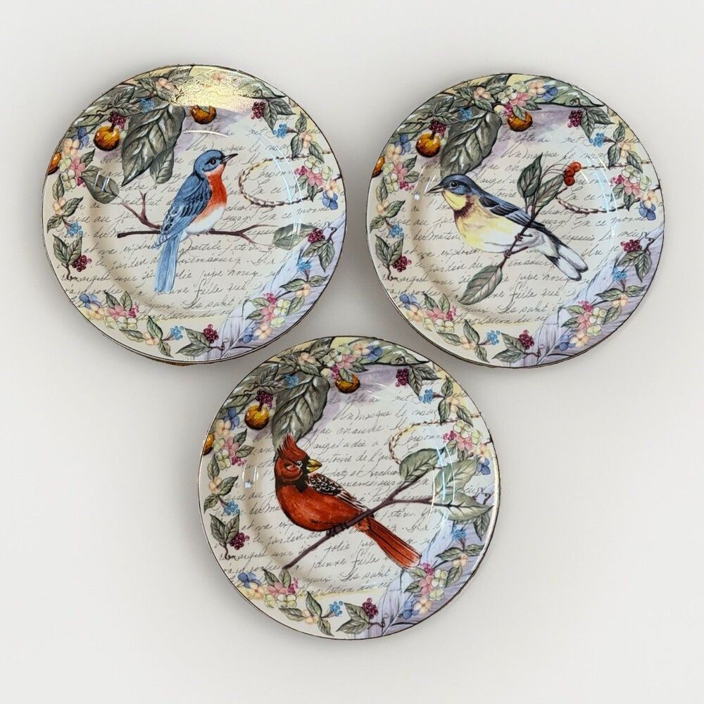 American Atelier at Home MORNING SONG 8" Dessert Salad Plate Birds Set of 3